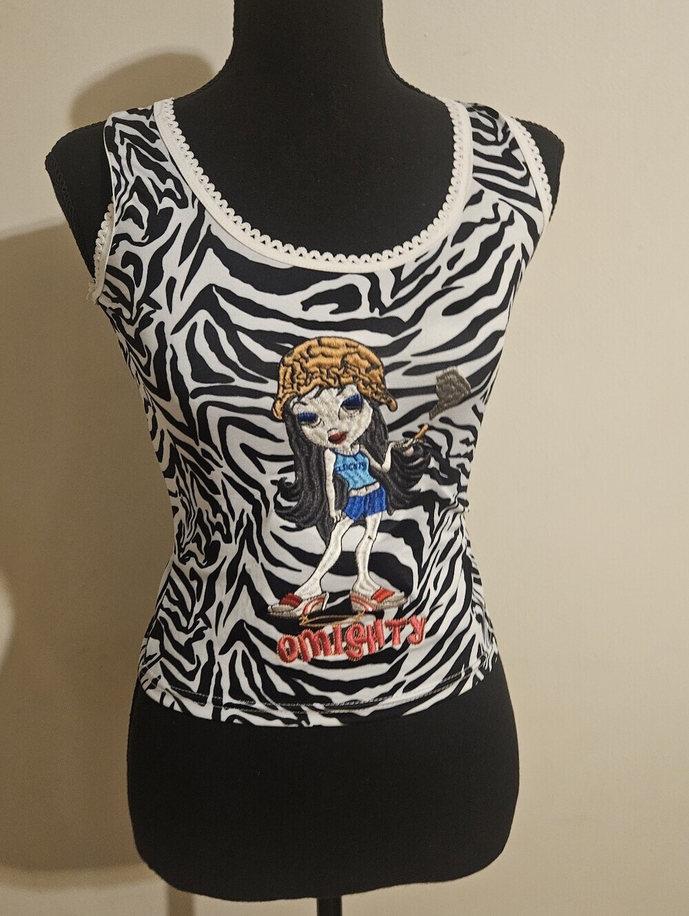 Y2K Zebra Embroidered Cropped Tank Top Black & White O-Mighty Style Streetwear S